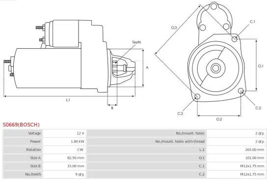 Starter 12 V 1,8 kW AS-PL S0669(BOSCH) Bild Starter 12 V 1,8 kW AS-PL S0669(BOSCH)