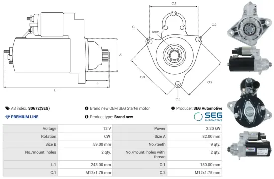 Starter 12 V 2,2 kW AS-PL S0672(SEG) Bild Starter 12 V 2,2 kW AS-PL S0672(SEG)