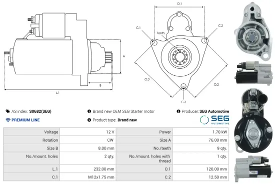 Starter 12 V 1,7 kW AS-PL S0682(SEG) Bild Starter 12 V 1,7 kW AS-PL S0682(SEG)