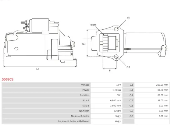 Starter 12 V 1,4 kW AS-PL S0690S Bild Starter 12 V 1,4 kW AS-PL S0690S
