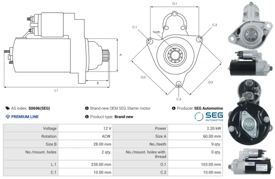 Starter 12 V 2,2 kW AS-PL S0696(SEG) Bild Starter 12 V 2,2 kW AS-PL S0696(SEG)