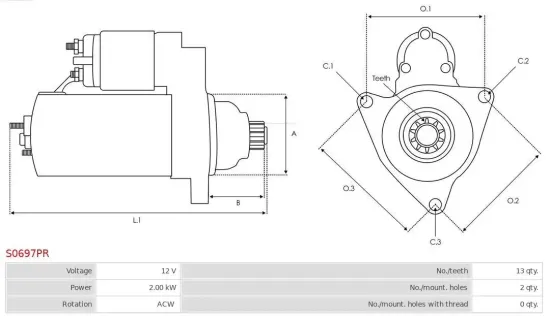 Starter 12 V 2 kW AS-PL S0697PR Bild Starter 12 V 2 kW AS-PL S0697PR