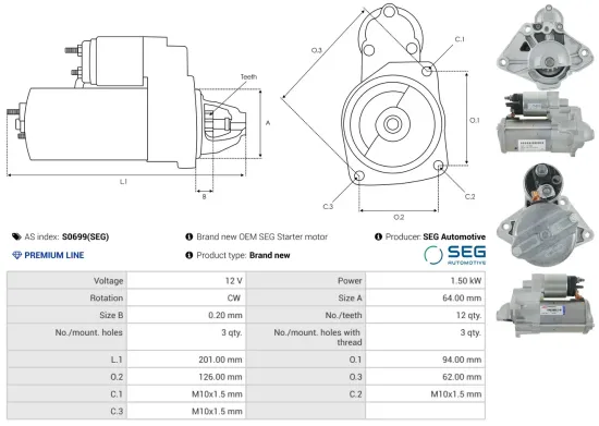 Starter 12 V 1,5 kW AS-PL S0699(SEG) Bild Starter 12 V 1,5 kW AS-PL S0699(SEG)