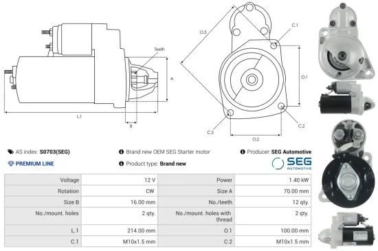 Starter 12 V 1,4 kW AS-PL S0703(SEG) Bild Starter 12 V 1,4 kW AS-PL S0703(SEG)