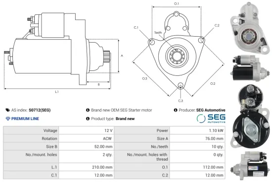 Starter 12 V 1,1 kW AS-PL S0712(SEG) Bild Starter 12 V 1,1 kW AS-PL S0712(SEG)