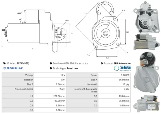 Starter 12 V 1,2 kW AS-PL S0743(SEG) Bild Starter 12 V 1,2 kW AS-PL S0743(SEG)