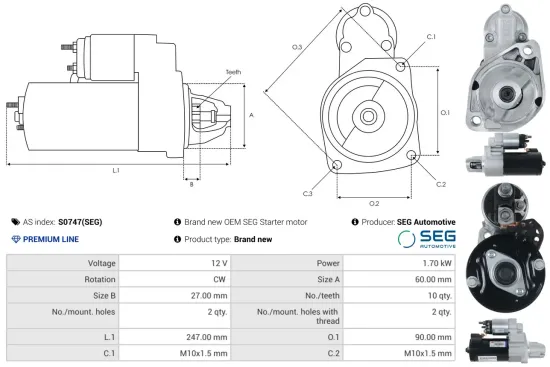 Starter 12 V 1,7 kW AS-PL S0747(SEG) Bild Starter 12 V 1,7 kW AS-PL S0747(SEG)