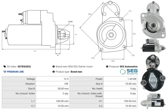 Starter 12 V 1,4 kW AS-PL S0783(SEG) Bild Starter 12 V 1,4 kW AS-PL S0783(SEG)