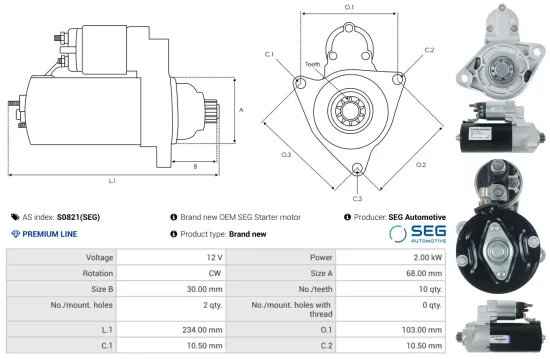 Starter 12 V 2 kW AS-PL S0821(SEG) Bild Starter 12 V 2 kW AS-PL S0821(SEG)
