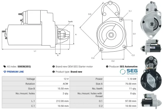 Starter 12 V 1,1 kW AS-PL S0838(SEG) Bild Starter 12 V 1,1 kW AS-PL S0838(SEG)
