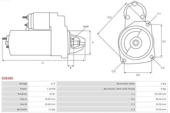 Starter 12 V 1,1 kW AS-PL S0838S Bild Starter 12 V 1,1 kW AS-PL S0838S