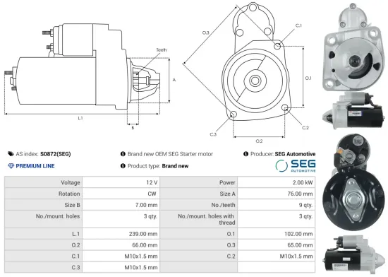 Starter 12 V 2 kW AS-PL S0872(SEG) Bild Starter 12 V 2 kW AS-PL S0872(SEG)