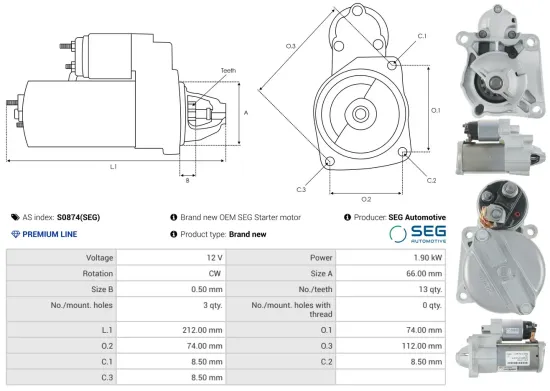 Starter 12 V 1,9 kW AS-PL S0874(SEG) Bild Starter 12 V 1,9 kW AS-PL S0874(SEG)