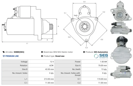Starter 12 V 1,5 kW AS-PL S0880(SEG) Bild Starter 12 V 1,5 kW AS-PL S0880(SEG)