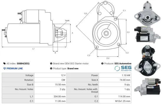 Starter 12 V 1,1 kW AS-PL S0884(SEG) Bild Starter 12 V 1,1 kW AS-PL S0884(SEG)