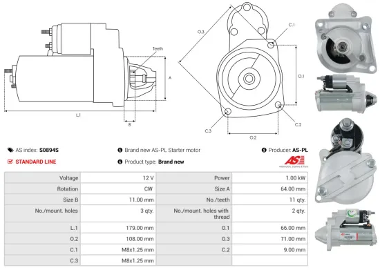 Starter 12 V 1 kW AS-PL S0894S Bild Starter 12 V 1 kW AS-PL S0894S