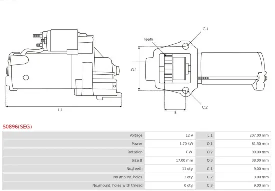 Starter 12 V 1,7 kW AS-PL S0896(SEG) Bild Starter 12 V 1,7 kW AS-PL S0896(SEG)