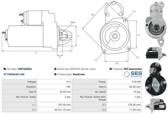 Starter 12 V 2,5 kW AS-PL S0910(SEG) Bild Starter 12 V 2,5 kW AS-PL S0910(SEG)