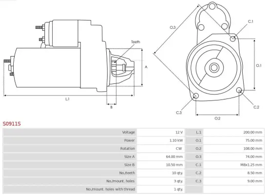 Starter 12 V 1,1 kW AS-PL S0911S Bild Starter 12 V 1,1 kW AS-PL S0911S