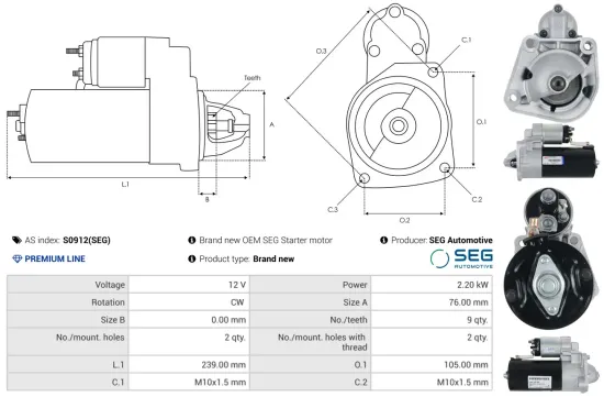 Starter 12 V 2,2 kW AS-PL S0912(SEG) Bild Starter 12 V 2,2 kW AS-PL S0912(SEG)