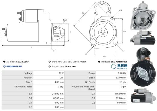 Starter 12 V 1,7 kW AS-PL S0923(SEG) Bild Starter 12 V 1,7 kW AS-PL S0923(SEG)