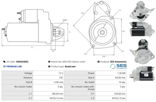 Starter 12 V 1,2 kW AS-PL S0925(SEG) Bild Starter 12 V 1,2 kW AS-PL S0925(SEG)