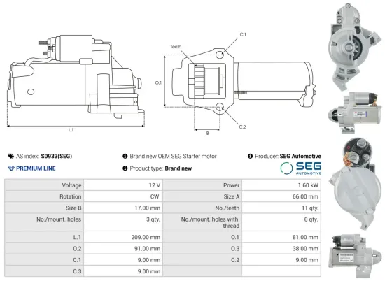 Starter 12 V 1,6 kW AS-PL S0933(SEG) Bild Starter 12 V 1,6 kW AS-PL S0933(SEG)