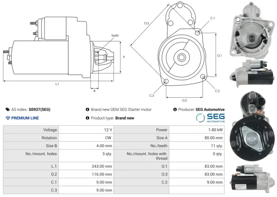 Starter 12 V 1,8 kW AS-PL S0937(SEG) Bild Starter 12 V 1,8 kW AS-PL S0937(SEG)