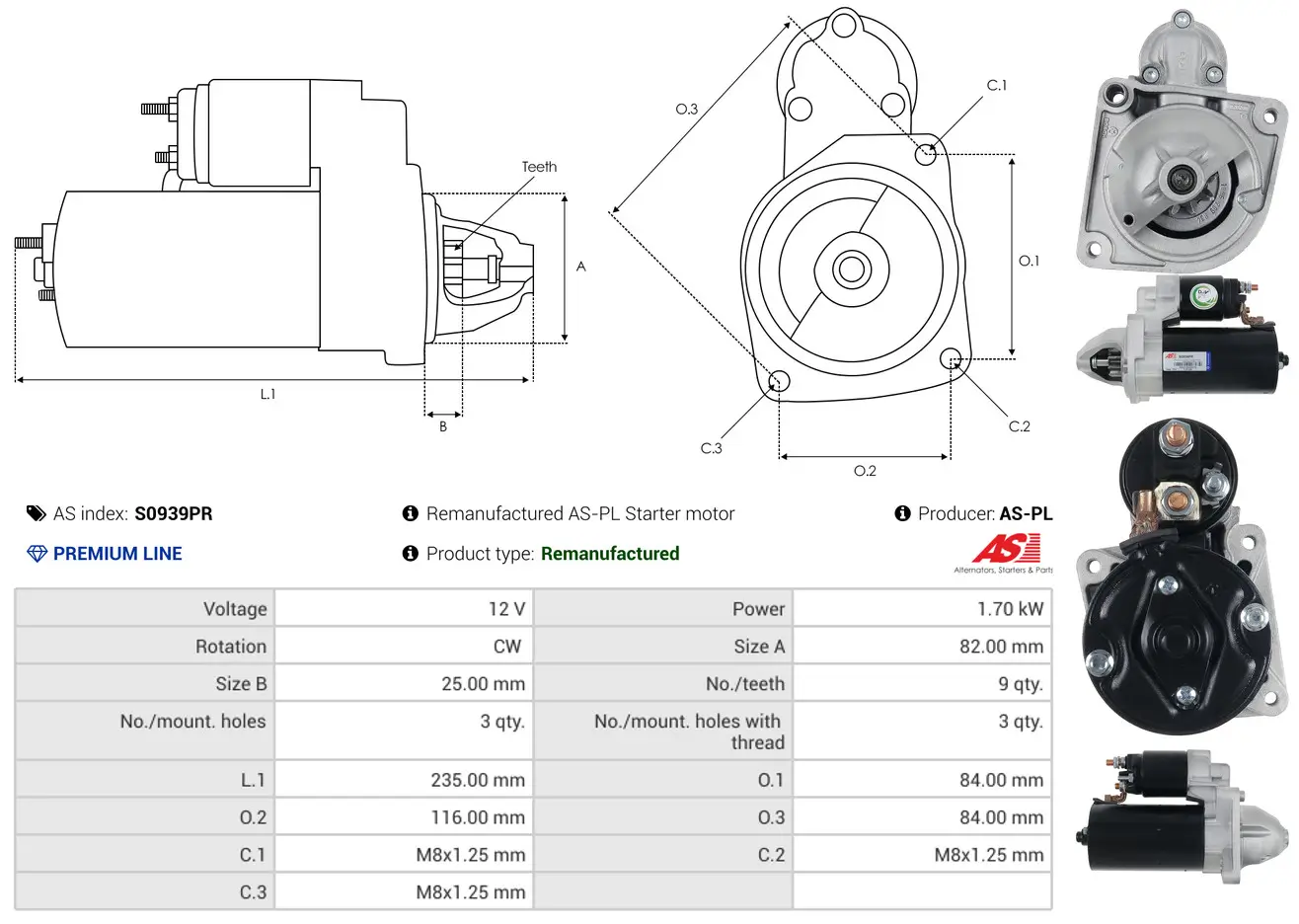 Starter 12 V 1,7 kW AS-PL S0939PR