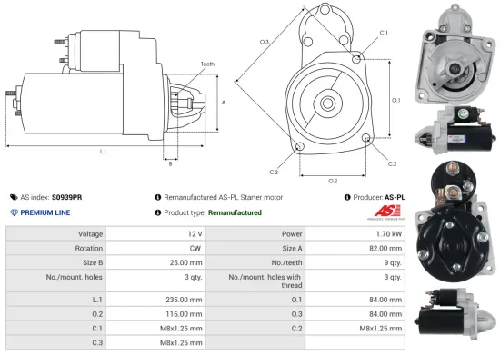 Starter 12 V 1,7 kW AS-PL S0939PR Bild Starter 12 V 1,7 kW AS-PL S0939PR
