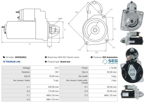 Starter 12 V 1,7 kW AS-PL S0939(SEG) Bild Starter 12 V 1,7 kW AS-PL S0939(SEG)