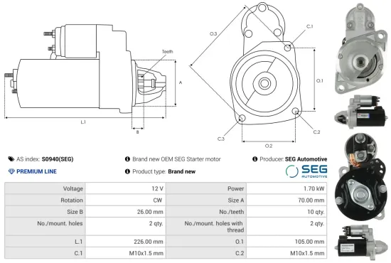 Starter 12 V 1,7 kW AS-PL S0940(SEG) Bild Starter 12 V 1,7 kW AS-PL S0940(SEG)