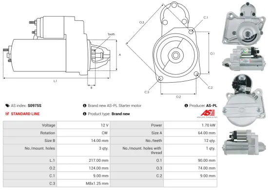 Starter 12 V 1,7 kW AS-PL S0975S Bild Starter 12 V 1,7 kW AS-PL S0975S