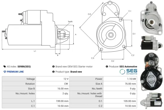 Starter 12 V 1,1 kW AS-PL S0986(SEG) Bild Starter 12 V 1,1 kW AS-PL S0986(SEG)
