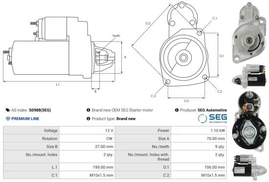 Starter 12 V 1,1 kW AS-PL S0988(SEG) Bild Starter 12 V 1,1 kW AS-PL S0988(SEG)