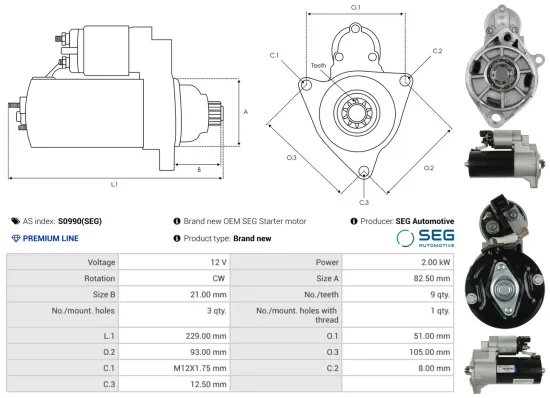 Starter 12 V 2 kW AS-PL S0990(SEG) Bild Starter 12 V 2 kW AS-PL S0990(SEG)