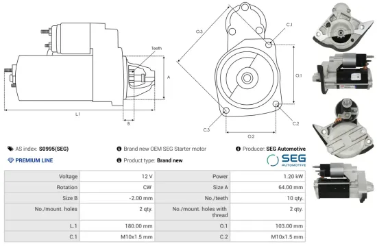 Starter 12 V 1,2 kW AS-PL S0995(SEG) Bild Starter 12 V 1,2 kW AS-PL S0995(SEG)