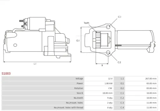 Starter 12 V 1,8 kW AS-PL S1003 Bild Starter 12 V 1,8 kW AS-PL S1003