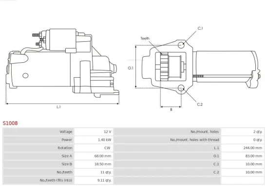 Starter 12 V 1,4 kW AS-PL S1008 Bild Starter 12 V 1,4 kW AS-PL S1008