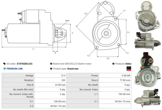 Starter 12 V 0,9 kW AS-PL S1070(DELCO) Bild Starter 12 V 0,9 kW AS-PL S1070(DELCO)