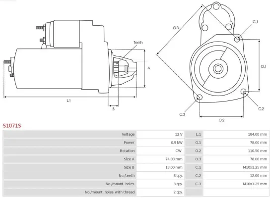 Starter 12 V 0,9 kW AS-PL S1071S Bild Starter 12 V 0,9 kW AS-PL S1071S