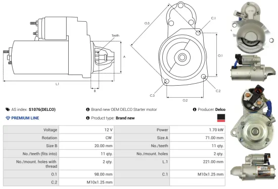 Starter 12 V 1,7 kW AS-PL S1076(DELCO) Bild Starter 12 V 1,7 kW AS-PL S1076(DELCO)