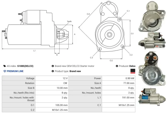 Starter 12 V 0,9 kW AS-PL S1085(DELCO) Bild Starter 12 V 0,9 kW AS-PL S1085(DELCO)