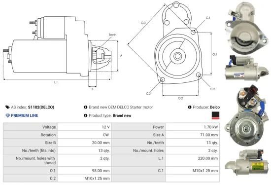 Starter 12 V 1,7 kW AS-PL S1102(DELCO) Bild Starter 12 V 1,7 kW AS-PL S1102(DELCO)