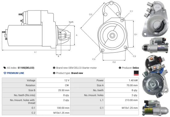 Starter 12 V 1,4 kW AS-PL S1105(DELCO) Bild Starter 12 V 1,4 kW AS-PL S1105(DELCO)