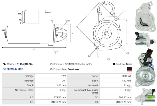 Starter 12 V 0,9 kW AS-PL S1164(DELCO) Bild Starter 12 V 0,9 kW AS-PL S1164(DELCO)