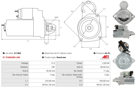 Starter 12 V 2 kW AS-PL S1186S Bild Starter 12 V 2 kW AS-PL S1186S