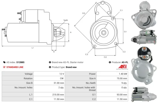 Starter 12 V 1,4 kW AS-PL S1288S Bild Starter 12 V 1,4 kW AS-PL S1288S