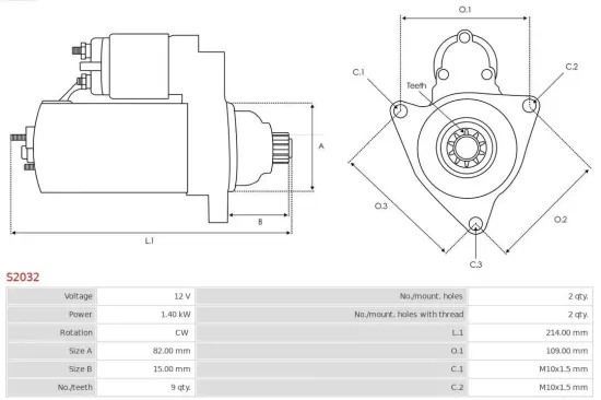 Starter 12 V 1,4 kW AS-PL S2032 Bild Starter 12 V 1,4 kW AS-PL S2032