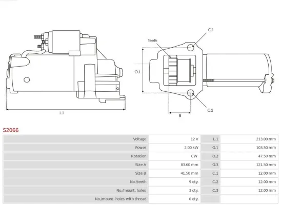 Starter 12 V 2 kW AS-PL S2066 Bild Starter 12 V 2 kW AS-PL S2066